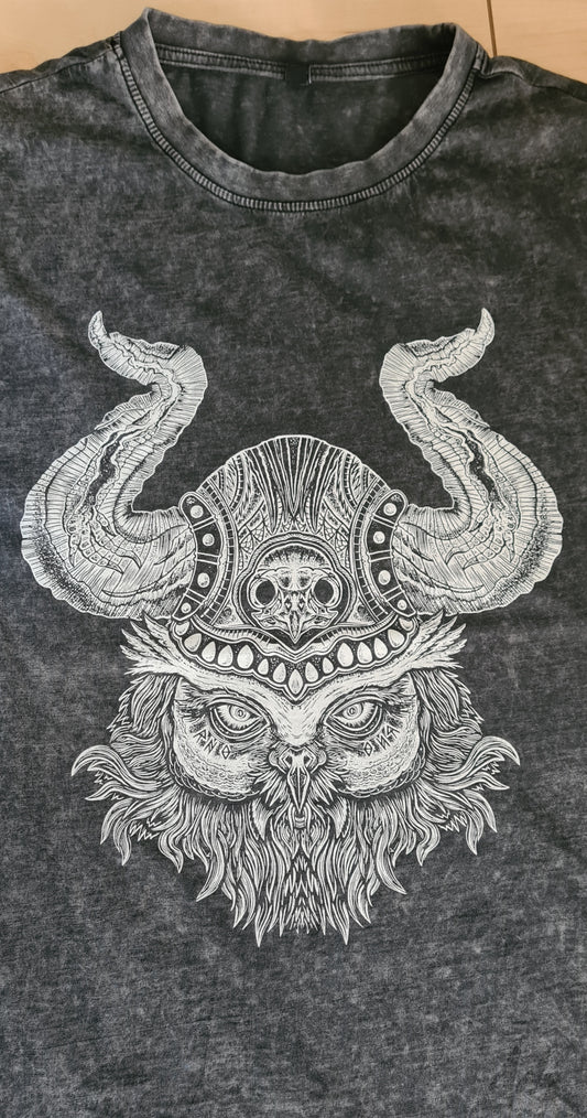 T-SHIRT MEN VIKING OWL ACID WASHED DARKGREY WHITE