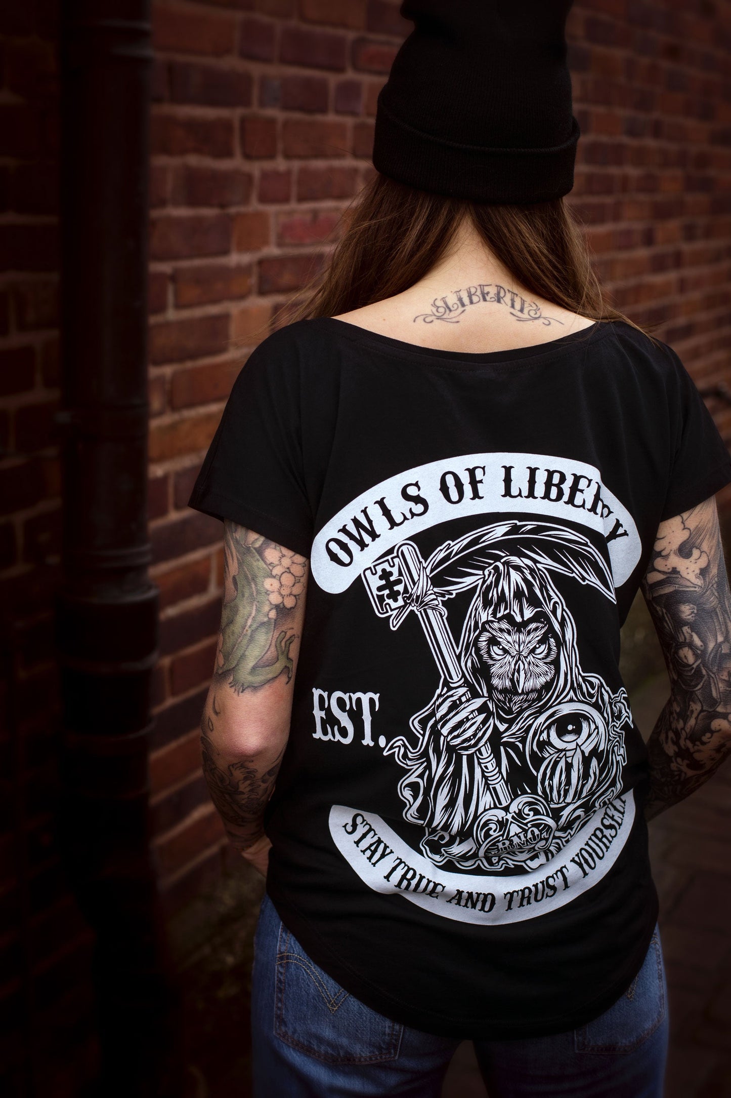 T-SHIRT POCKET OWLS OF LIBERTY LADY BLACK