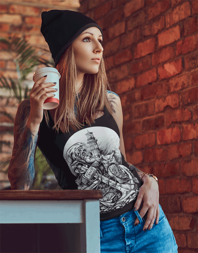 TANKSHIRT LONG ANCHOR LADY BLACK