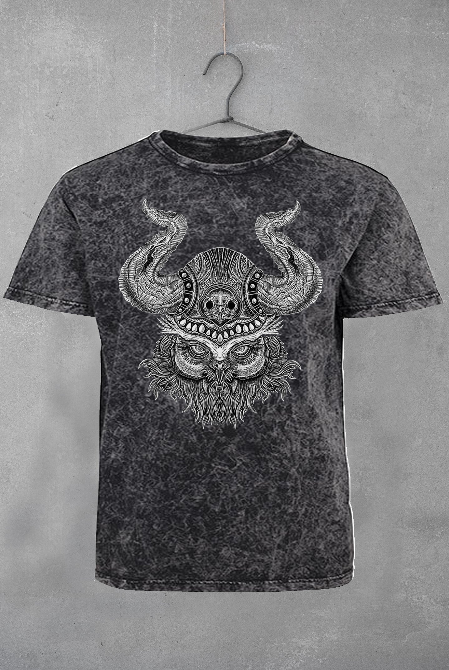 T-SHIRT MEN VIKING OWL ACID WASHED DARKGREY WHITE