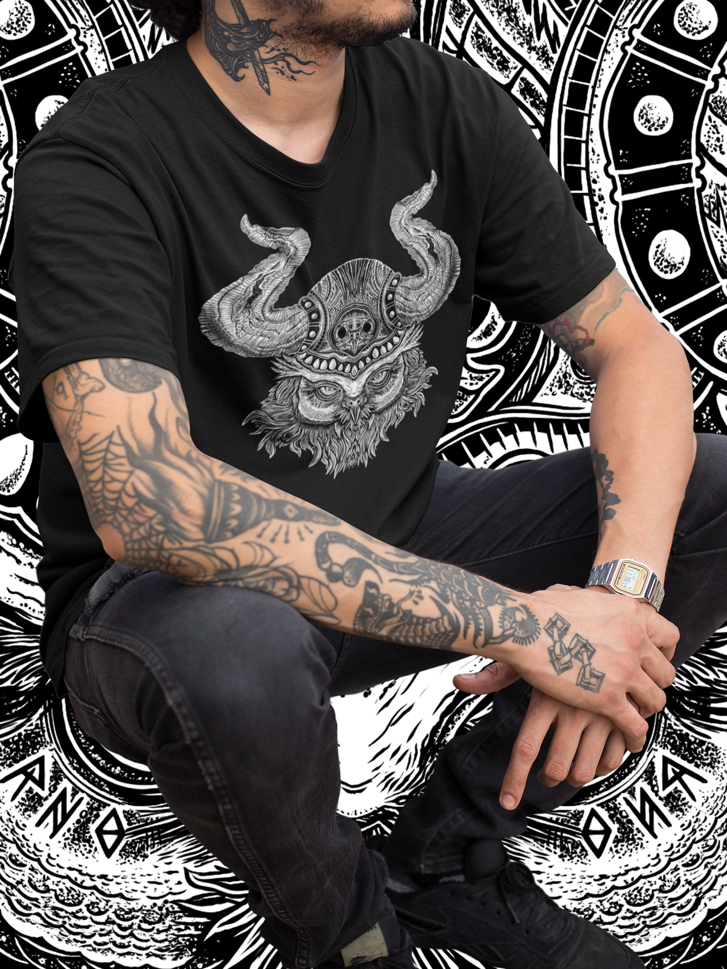 T-SHIRT MEN VIKING OWL BLACK