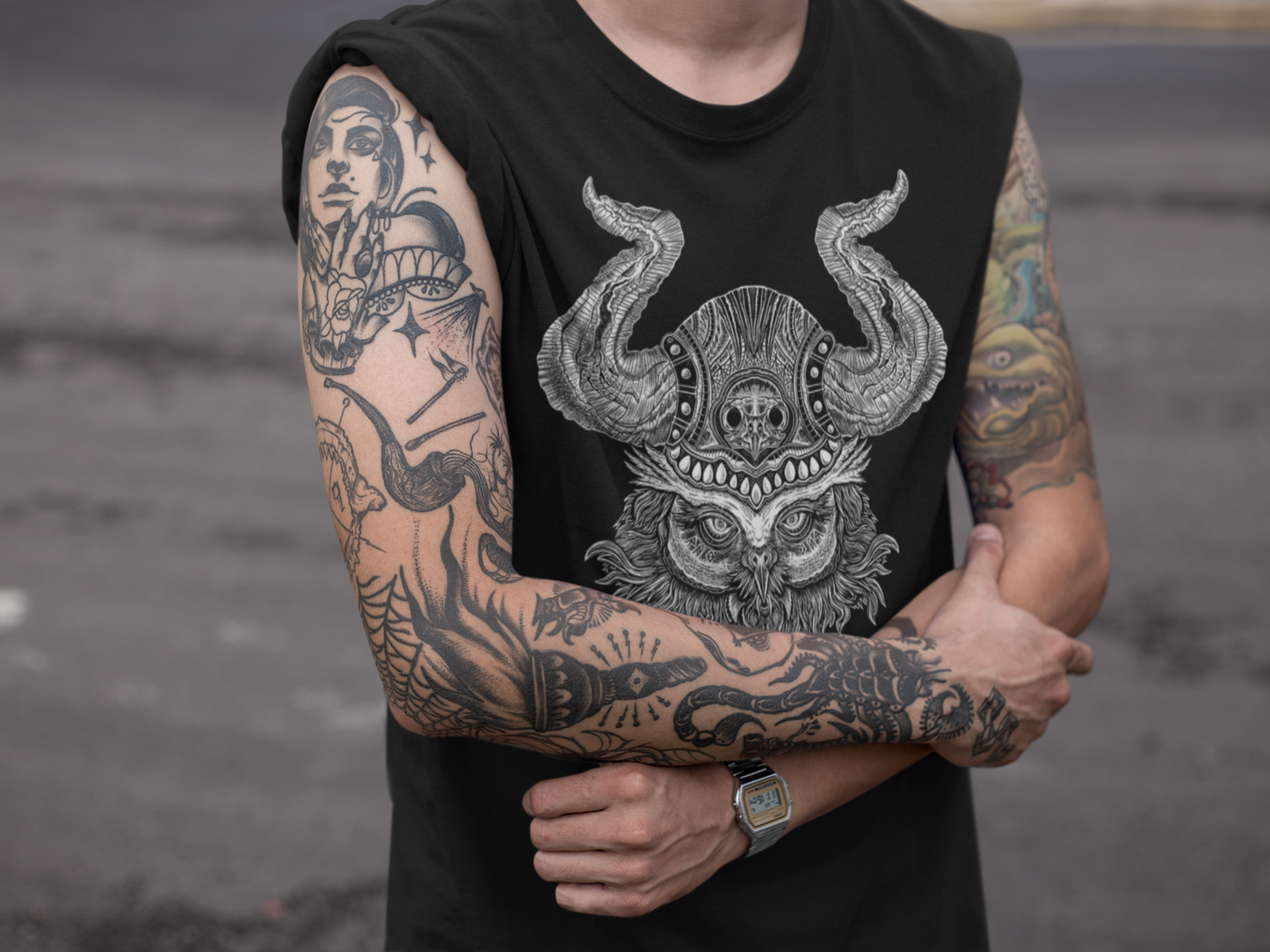 T-SHIRT MEN VIKING OWL BLACK
