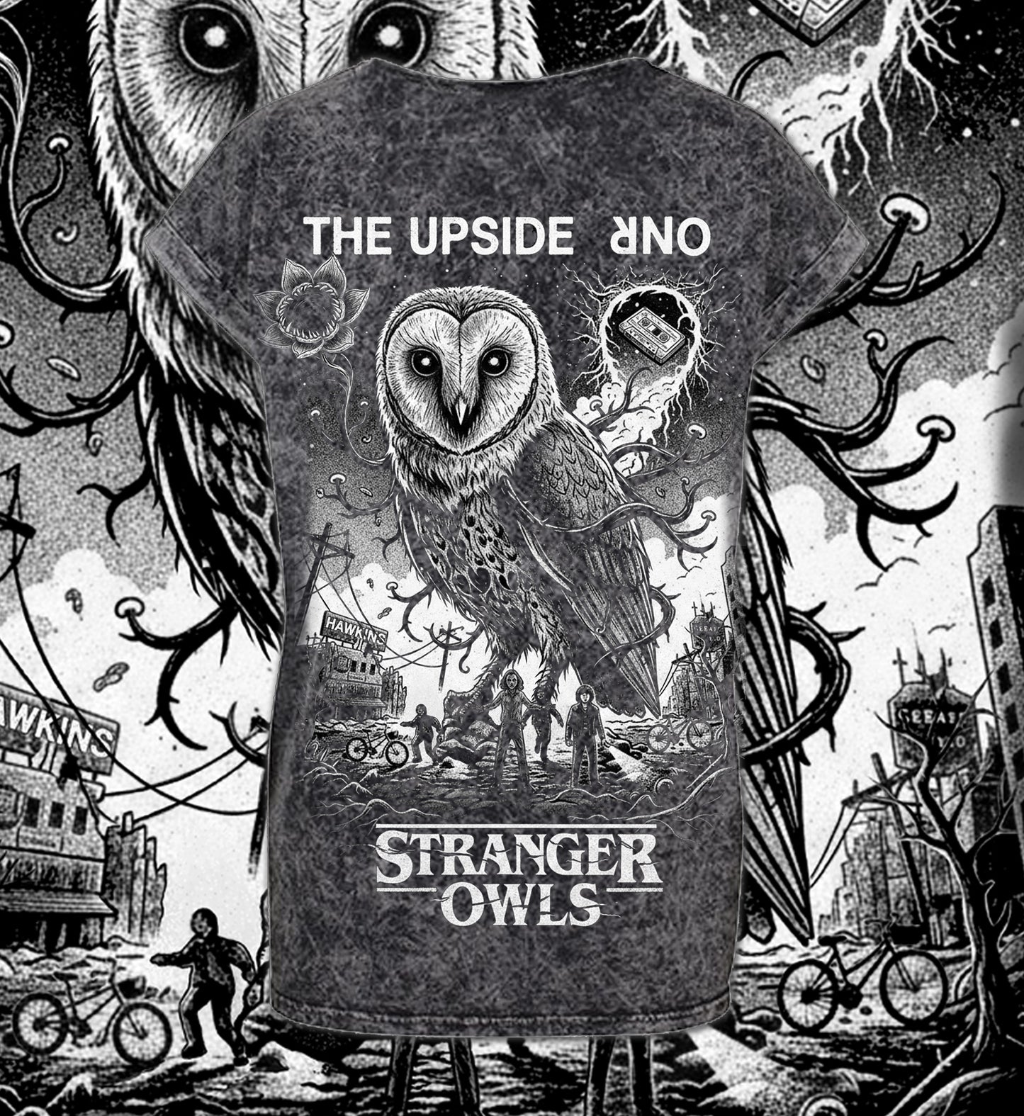 T-SHIRT POCKET STRANGER OWLS LADY ACID WASHED DARKGREY WHITE